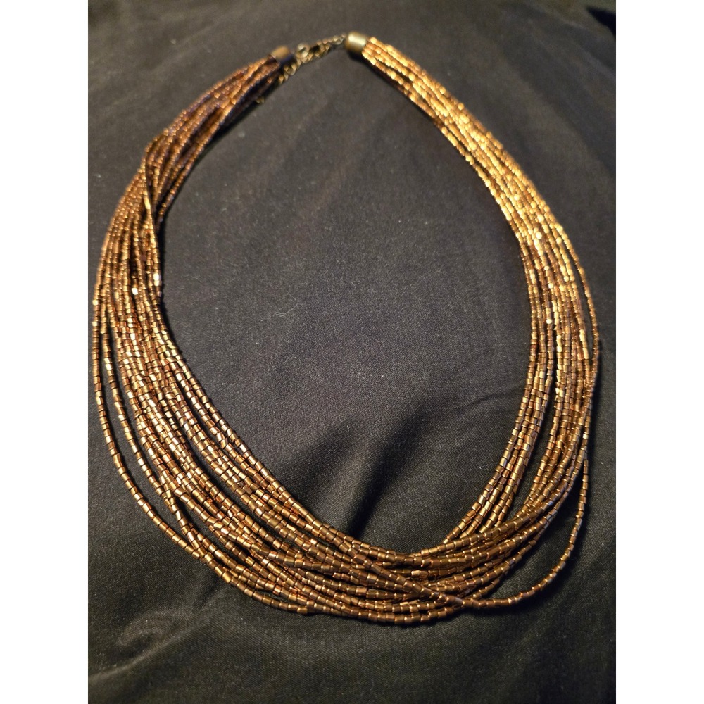 Multi Strand Bronze Metallic Seed Bead Layered Statement Necklace Adjustable